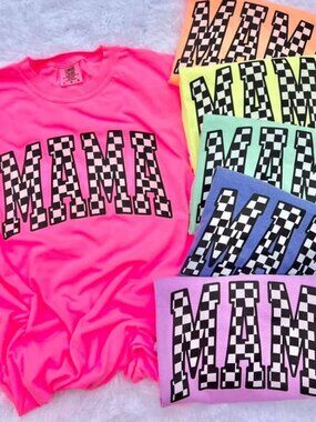 Comfort Colors Checkered Mama Neon Tee Blue NWT